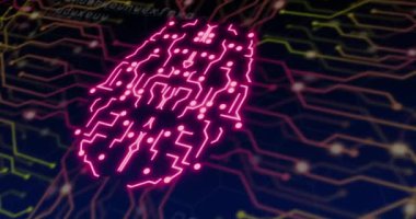 Animation of brain and data processing over spots and network of connections. Global business, security and digital interface concept digitally generated video.