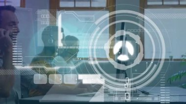 Animation of data processing over diverse business people working in office. Global business, finances, computing and data processing concept digitally generated video.