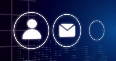 Animation of media icons over spots and lines on blue background. Global technology and digital interface concept digitally generated video.