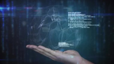 Animation of globe of connections with data processing over hand. Global business, finances, computing and data processing concept digitally generated video.