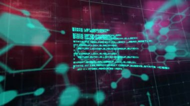 Animation of data processing and digital brains over glowing squares on black backrgound. Global science, computing and digital interface concept digitally generated video.