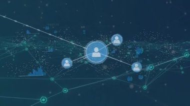 Animation of network of connections with icons over data processing and spots. Global business and digital interface concept digitally generated video.