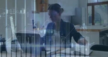 Animation of statistical data processing over caucasian woman using laptop while working from home. Business data technology concept