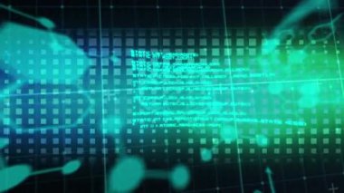 Animation of data processing and digital brains over glowing squares on black backrgound. Global science, computing and digital interface concept digitally generated video.