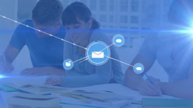Animation of network of connections with icons over diverse students. Global connections, education and digital interface concept digitally generated video.