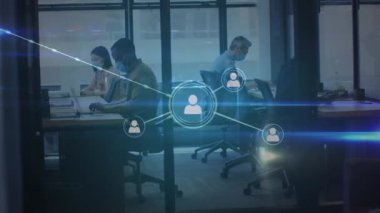 Animation of network of connections over diverse business people. Global networks, business, finances, computing and data processing concept digitally generated video.
