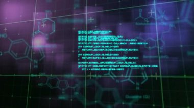 Animation of data processing and chemical formula over glowing squares on black backrgound. Global science, computing and digital interface concept digitally generated video.