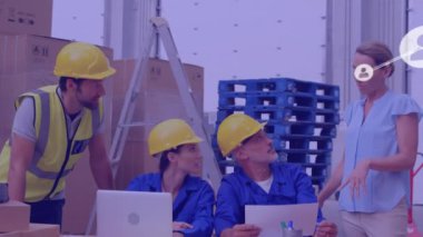 Animation of network of connections over diverse people working in warehouse. Global shipping, business, finances, computing and data processing concept digitally generated video.