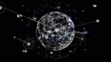 Animation of network of connections with icons over shapes moving, globe and data processing. Global business and digital interface concept digitally generated video.