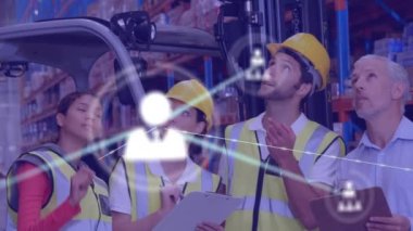 Animation of network of connections over diverse people working in warehouse. Global shipping, business, finances, computing and data processing concept digitally generated video.