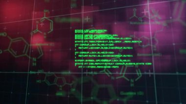 Animation of data processing and chemical formula over glowing squares on black backrgound. Global science, computing and digital interface concept digitally generated video.