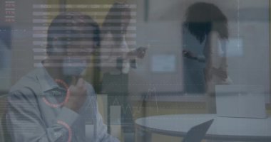 Animation of financial data processing over diverse business people. Global business, finances, computing and data processing concept digitally generated video.