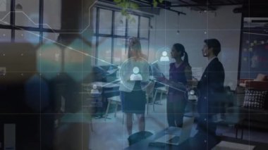 Animation of network of connections over diverse business people. Global networks, business, finances, computing and data processing concept digitally generated video.