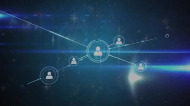 Animation of network of connections with icons over light spots and shapes moving. Global business and digital interface concept digitally generated video.