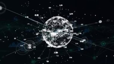 Animation of network of connections over globe with data processing on black background. Global connections, computing and digital interface concept digitally generated video.