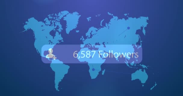 Animation Followers Text Growing Number World Map Blue Backrgound Global — Video