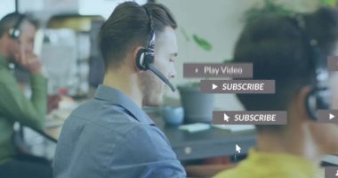 Animation of media icons over diverse business people working in office. Global business and digital interface concept digitally generated video.