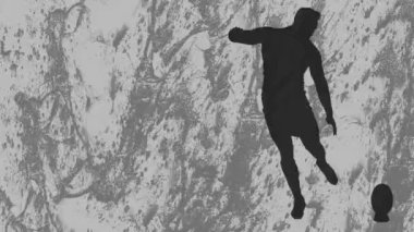 Animation of rugby players silhouettes over shapes on grey background. Sport, competition and movement concept digitally generated video.