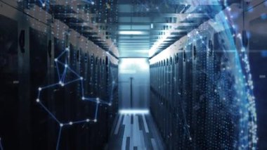 Animation of shapes moving and globe over server room. Global business and digital interface concept digitally generated video.
