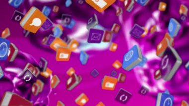 Animation of media icons over pink shapes and background. Social media concept digitally generated video.