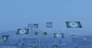 Animation of scopes scanning and data processing over cityscape. Global computing, connections, communication and data processing concept digitally generated video.