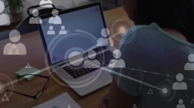 Animation of icons and data processing over woman using laptop. Global computing, connections, communication and data processing concept digitally generated video.