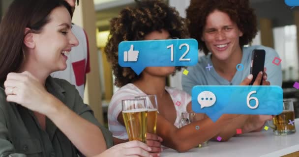 Animation Media Icons Happy Diverse Friends Drinking Beer Party Celebration — Stockvideo