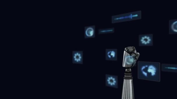 Animatie Van Robots Hand Scopen Scannen Gegevensverwerking Schermen Donkere Achtergrond — Stockvideo