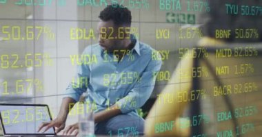 Animation of data processing over diverse business people working at office. Global business and digital interface concept digitally generated video.