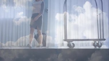 Animation of airplane over caucasian female flight attendant with suitcase. Air travel and holiday concept digitally generated video.