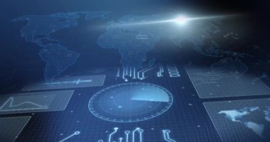 Animation of computing data processing over world map and circuit board. Global science, business, finance, computing and data processing concept digitally generated video.