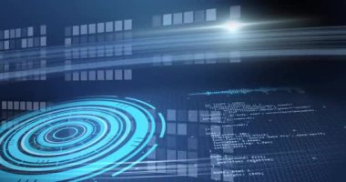 Animation of data processing over scope scanning. Global online security, business, finance, computing and data processing concept digitally generated video.