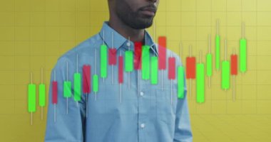 Animation of data processing over african american businessman working at office. Global business and digital interface concept digitally generated video.