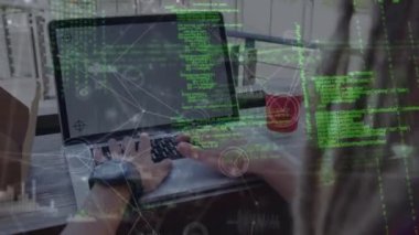 Animation of network of connections with icons over man using laptop. Global networks, business, finance, computing and data processing concept digitally generated video.