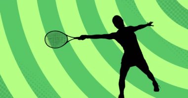 Animation of tennis player silhouette with speech bubble over shapes on green background. Sport, competition and movement concept digitally generated video.
