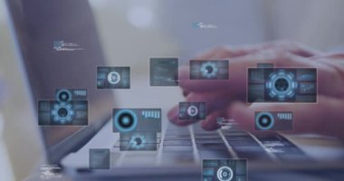 Animation of scopes scanning and data processing over man using laptop. Global computing, connections, communication and data processing concept digitally generated video.