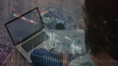 Animation of data processing over woman using laptop. Global computing, connections, communication and data processing concept digitally generated video.