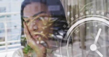 Animation of moving clock and shapes over biracial woman. Lifestyle, fashion and light concept digitally generated video.