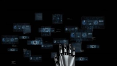 Animation of robots hand, scopes scanning and data processing over screens on dark background. Global computing, connections, communication and data processing concept digitally generated video.