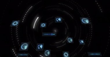 Animation of scopes scanning and data processing on dark background. Global computing, connections, communication and data processing concept digitally generated video.