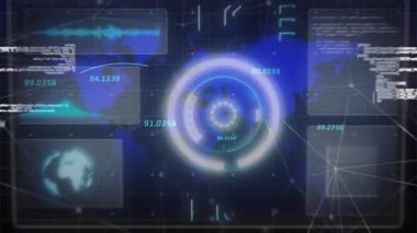 Animation of scope, statistics and data processing over world map. Global science, business, finance, computing and data processing concept digitally generated video.