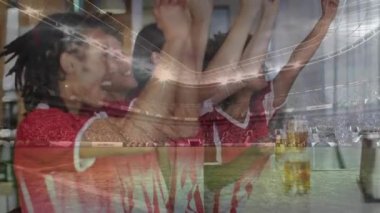 Animation of sports stadium over diverse friends in football shirts making toast in bar. Sports, supporters, leisure, free time and celebration concept digitally generated video.