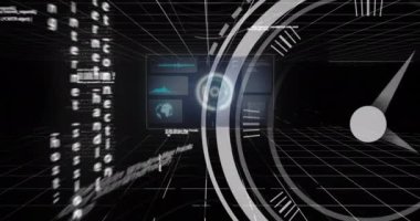 Animation of data processing over clock. Global online security, business, finance, computing and data processing concept digitally generated video.
