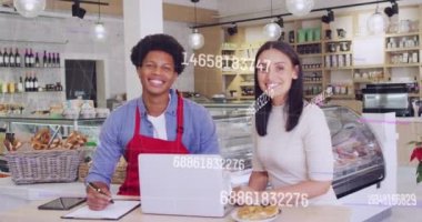 Animation of numbers and data processing over diverse people with laptop in shop. Global shopping, business, finance, computing and data processing concept digitally generated video.