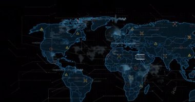 Animation of statistics and data processing over world map. Global science, business, finance, computing and data processing concept digitally generated video.