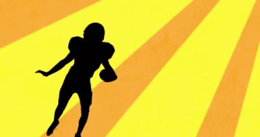 Animation of american football player silhouette with speech bubble over shapes on yellow background. Sport, competition and movement concept digitally generated video.