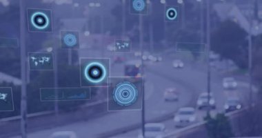 Animation of scopes scanning and data processing over cityscape. Global computing, connections, communication and data processing concept digitally generated video.