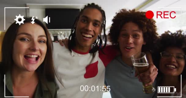 Animation Recording Frame Happy Diverse Friends Drinking Beer Party Celebration — Stockvideo