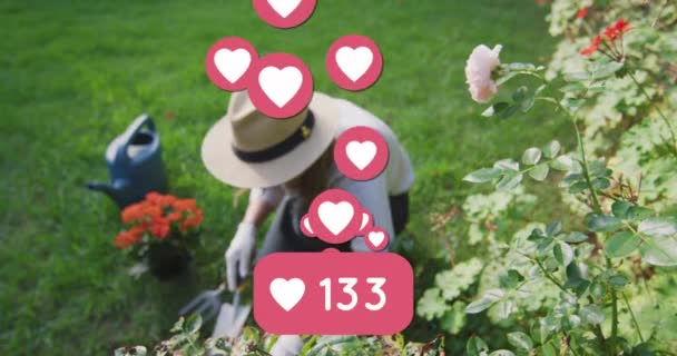 Κίνηση Της Καρδιάς Emojis Πάνω Καυκάσιος Κηπουρική Γυναίκα Αγάπη Ρομαντισμός — Αρχείο Βίντεο