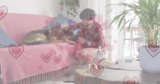 Animation Heart Emojis Happy Caucasian Woman Dogs Love Romance Celebration — ストック動画